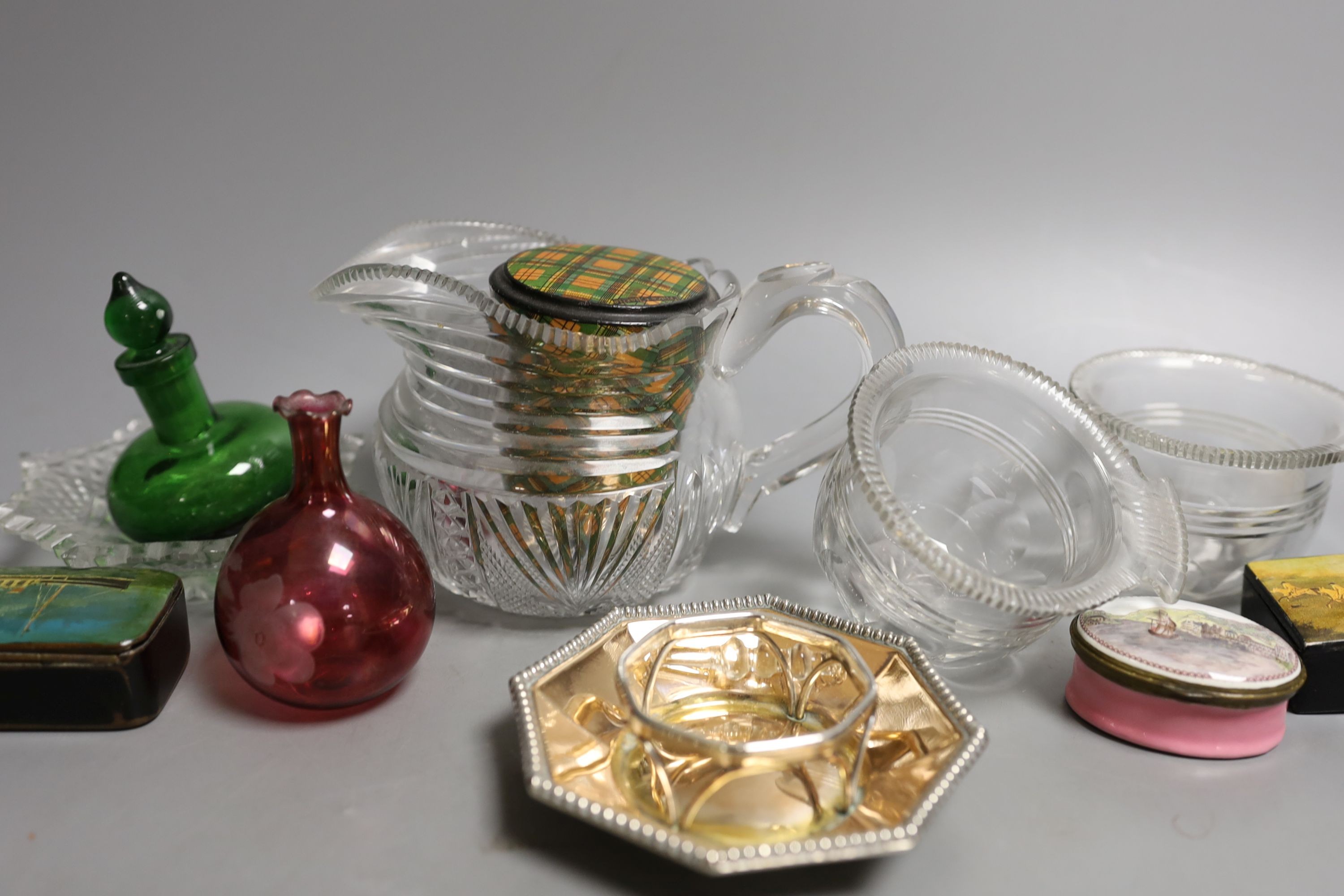 A Mauchlineware glass tumbler, a South Staffordshire enamel oval patch box, cut glass jug etc - 10 in total